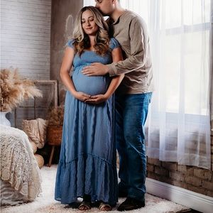 Pinkblush Blue Dotted Smocked Square Neck Criss Cross Back Maternity Maxi Dress